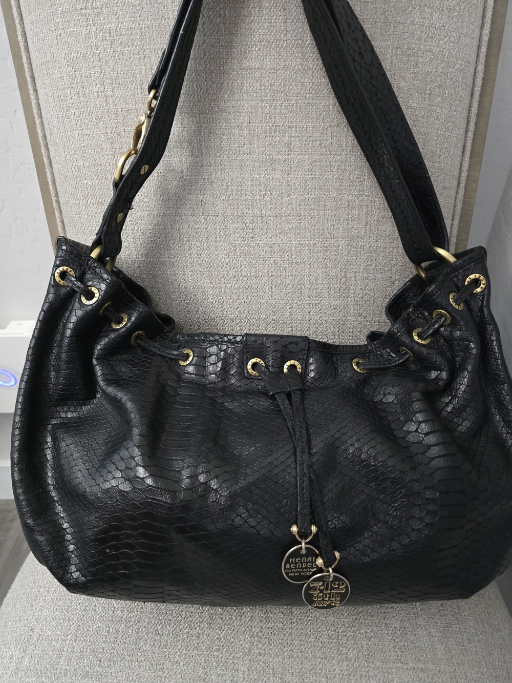 RARE Henri Bendel Python Embossed Leather Drawstring Hobo Bag - EUC